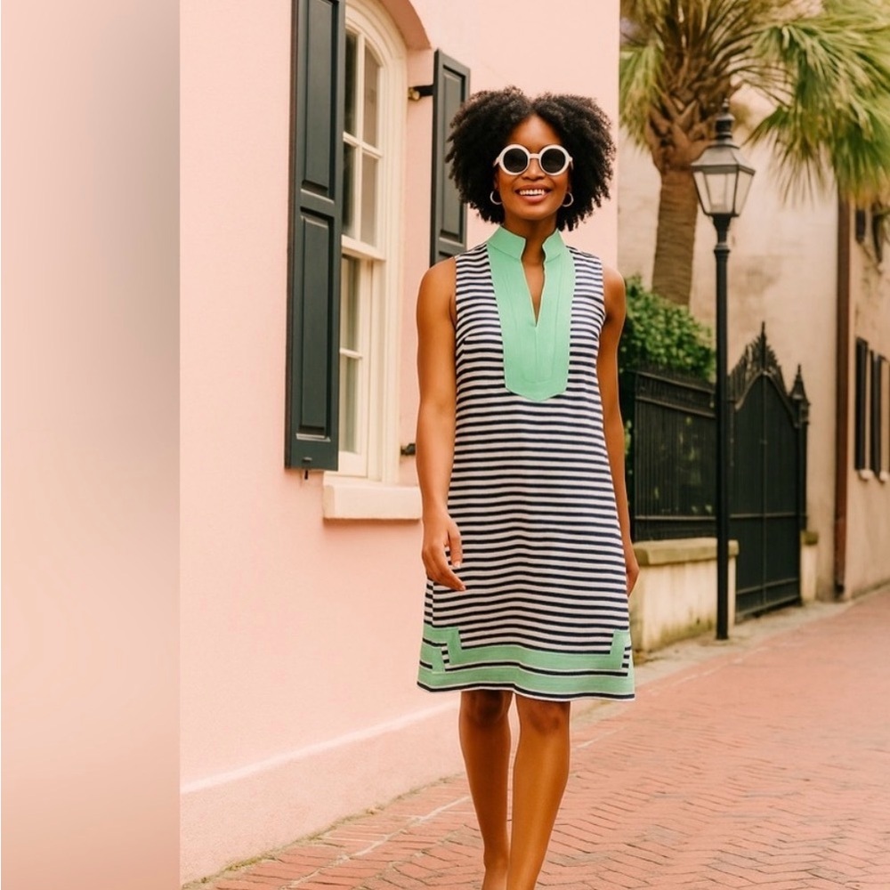 Sail to Sable Navy and White Striped Dress with Mint Trim!!